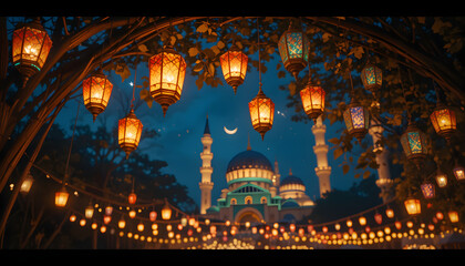 A colorful Ramadan night scene with glowing lanterns (fanous) hanging from a tree, gently swaying in the breeze