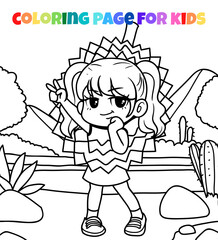 Girl character with durian costume coloring page outline illustration