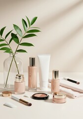 Luxury Skincare Products with Accents on Beige Background 