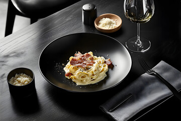 spaghetti carbonara on the black wooden table