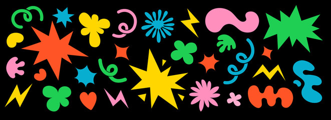 Abstract clouds and flowers shapes sticker set. Groovy funky flowers, bubbles, stars, loops and waves in trendy retro cartoon style. Vector illustration with wavy elements.