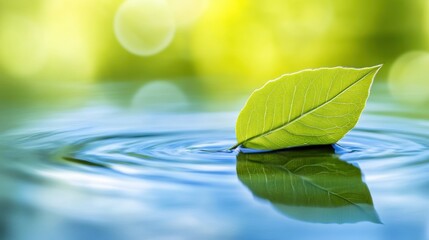 A green leaf gently floats on clear and rippling water