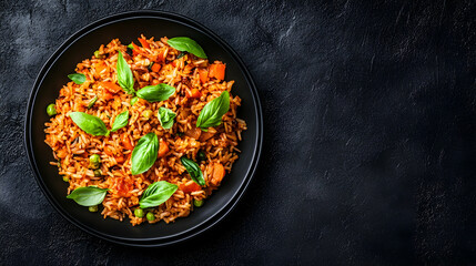 Delicious vegetable fried rice served on a black plate (1)