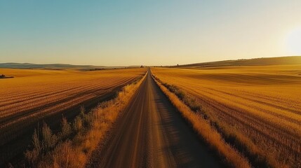 Naklejka premium A long straight road going through a golden wheat field
