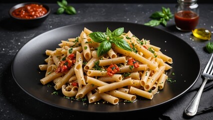 Pasta on a black plate with tomato bits and basil, accompanied by sauce and olive oil