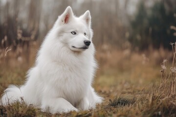 Obraz premium Majestic white samoyed dog resting in a serene autumn meadow, enjoying the tranquility of nature