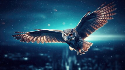 Majestic owl soaring through a starry night, city lights in the background