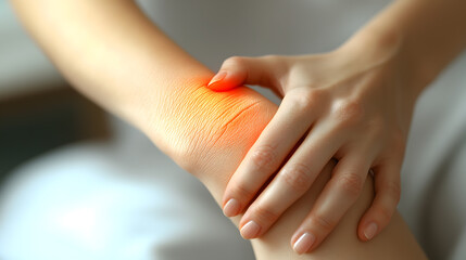 Teen girl injured right wrist using left hand area pain orange-red flare after accident consulting doctor clinic hospital