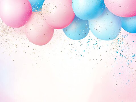 whimsical gender reveal party invitation with pastel pink and blue balloon arch shimmering confetti and delicate brush lettering on a soft watercolor background