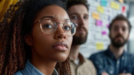 Focused Black Woman Engaged in Brainstorming Session with Colleagues