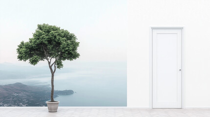 Obraz premium Minimalist Interior with Potted Plant and White Door, background
