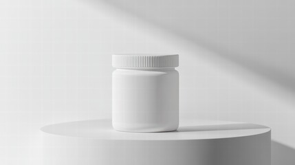 Product Presentation: A sleek, white product jar sits atop a minimalist pedestal, bathed in soft, natural light, creating a clean and modern presentation.