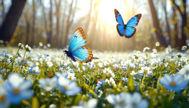 Fototapeta Two blue butterflies are flying over a beautiful field of white wildflowers in a forest, illuminated by warm sunlight, creating a serene spring scene