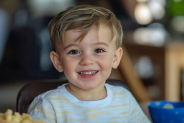 Adorable toddler enjoying a meal in a highchair, smiling happily with a plate of food in front of him