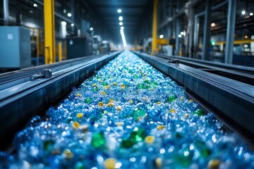 Plastic Bottles Processing Line: A Conveyor Belt System in a Manufacturing Plant Showing a Stream of Bottles Being Prepared for Reuse or Recycling.