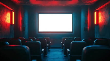 The Cinema Experience: An empty cinema with rows of comfortable seats facing a bright, blank screen, bathed in the atmospheric glow of red and blue lighting, awaiting the next cinematic adventure.