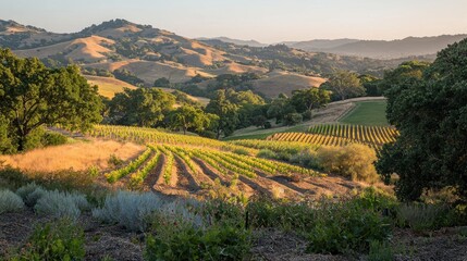 Obraz premium Golden Hour Sunlight Illuminates Rolling Hills with Vineyards and Oak Trees