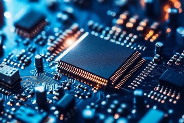 High-tech circuit board background, abstract digital technology presentations, electronic components, digital infrastructure, blue tech theme, modern electronics evolution expansion background image