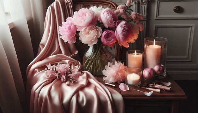 Silk Scarf Peonies A flowing silk scarf in a soft blush tone dra