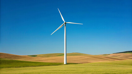 Wind Turbine Standing Tall in a Green Landscape Under a Clear Blue Sky