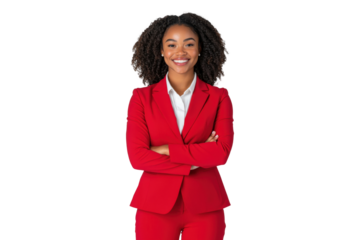 Confident woman in red business suit, isolated on transparent background