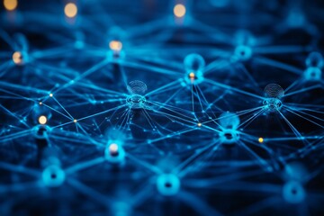 Close-up on blue blockchain nodes powering social network. Viral content profiles converge with decentralized peer interaction expansion landscape. Solution based platform infused tech effect. Proof