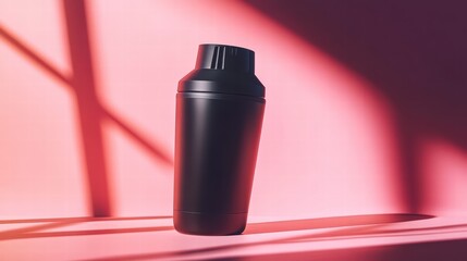 Sleek Cocktail Shaker: A modern, minimalist image of a sleek black cocktail shaker set against a vibrant backdrop, accented by artistic shadows and soft lighting, evoking a sense of sophistication.