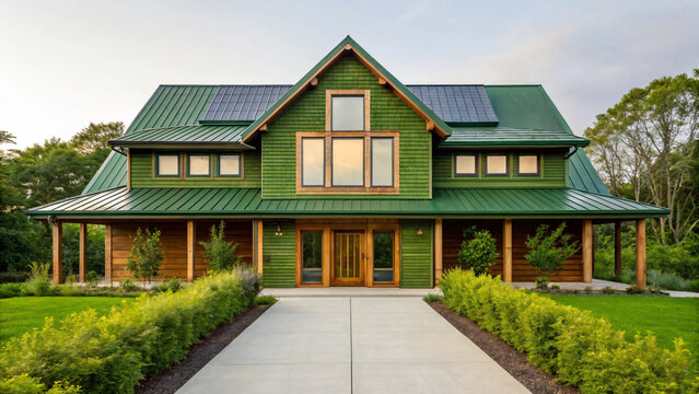 Modern green house with solar panels surrounded by lush greenery and clear skies