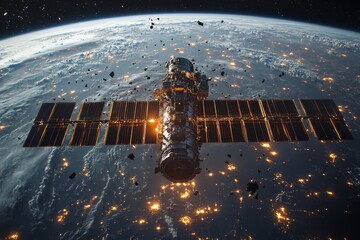 Satellite Amidst Space Debris Orbiting Earth: A Stark Reminder of Pollution's Reach Beyond Our Atmosphere, Highlighting Orbital Congestion and the Risk to Space Exploration.