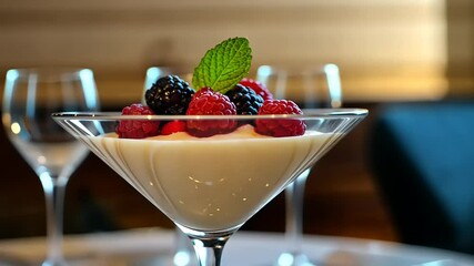 Elegant dessert with mixed berries and mint garnish served in a stylish glass at a refined dining setting
