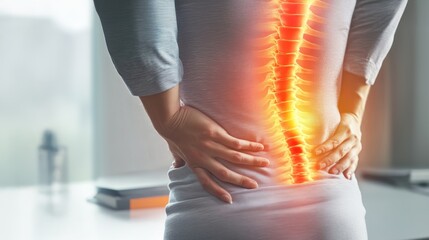 Office worker experiencing back pain, lower back highlighted in red, suffering from back painful posture, health problem, healthcare concern