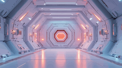 The image depicts a digitally rendered, futuristic corridor.  The corridor is predominantly white with geometric, octagonal shapes forming the walls and ceiling.  Orange and pale pink neon lights