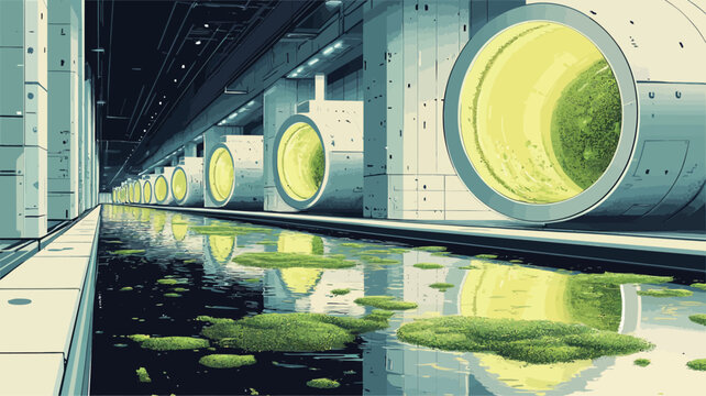 The image depicts a long, narrow corridor featuring a series of large, cylindrical pipes or tubes arranged in a parallel formation along a conveyor system.  The pipes are illuminated internally,