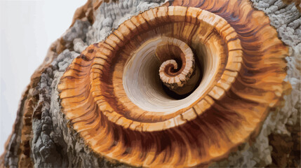 Obraz premium Close-up detail of a wood carving featuring a prominent spiral pattern. The carving is predominantly brown and orange, showcasing variations in wood grain and texture. The spiral is deeply carved,