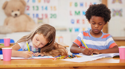 Students, children and coloring in book in classroom for creative learning, growth development and...