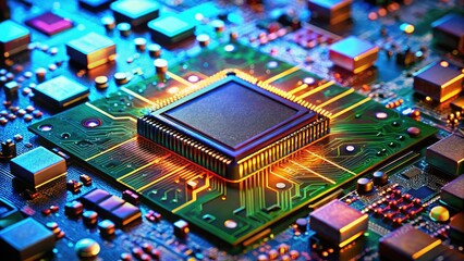Obraz premium High-resolution macro captures the elegant complexity of a sleek microchip's circuitry.
