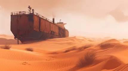 Rusty ship wreck in a desolate desert landscape