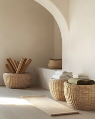 Organized yoga accessories, Yoga Studio Storage with Wicker Baskets Filled with Yoga Props in a Minimalist Space, simple and stylish yoga storage with neatly arranged yoga props.
