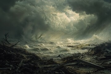 Fototapeta premium Stormy Coastal Scene with Dark Swirling Clouds and Churning Waves