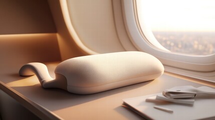 Fototapeta premium Restful Flight: A comfortable travel pillow rests invitingly by an airplane window, offering a promise of peaceful relaxation.