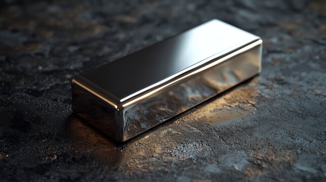 Shiny Metallic Block: A rectangular metallic block sits on a textured surface, its polished surface reflecting the light, emphasizing the precision and solidity.