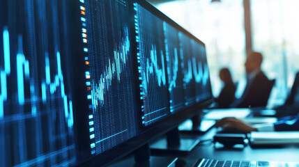 Analyzing financial data trends in business analytics office digital displays modern workspace high-tech environment