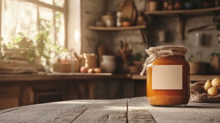 Rustic Kitchen Still Life: A jar of homemade preserves sits on a weathered wooden table, basking in the warm light of a sunlit kitchen.
