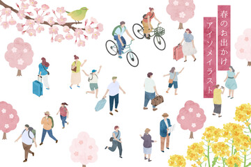 春のお出かけ、人々のアイソメトリックイラスト