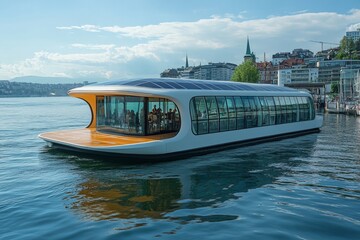 Solar-Powered Boat on Calm Water with Cityscape Background, showcasing sustainable design and eco-friendly travel against a backdrop of urban architecture and blue sky.