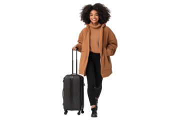 PNG Young woman in brown jacket with suitcase, smiling and walking