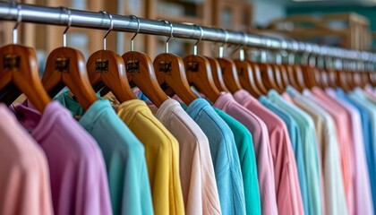 Naklejka premium Colorful t shirts hanging on wooden hangers displaying diverse styles and vibrant colors inside retail clothing store environment