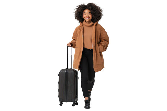 PNG Young woman in brown jacket with suitcase, smiling and walking
