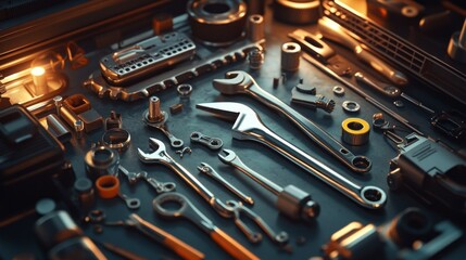 Fototapeta premium Various metal tools arranged neatly on a reflective work surface