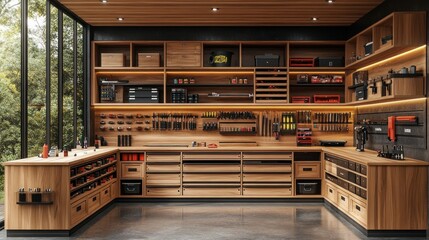 Organized workshop, tools, storage, wood, interior, cabinetry, forest view, home improvement